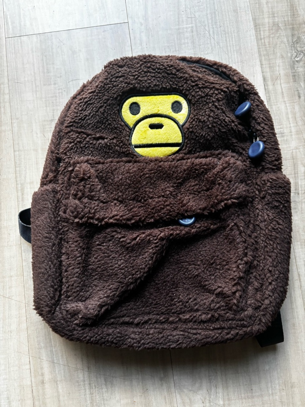 Kids Brown Plush Backpack with Yellow Monkey Patch